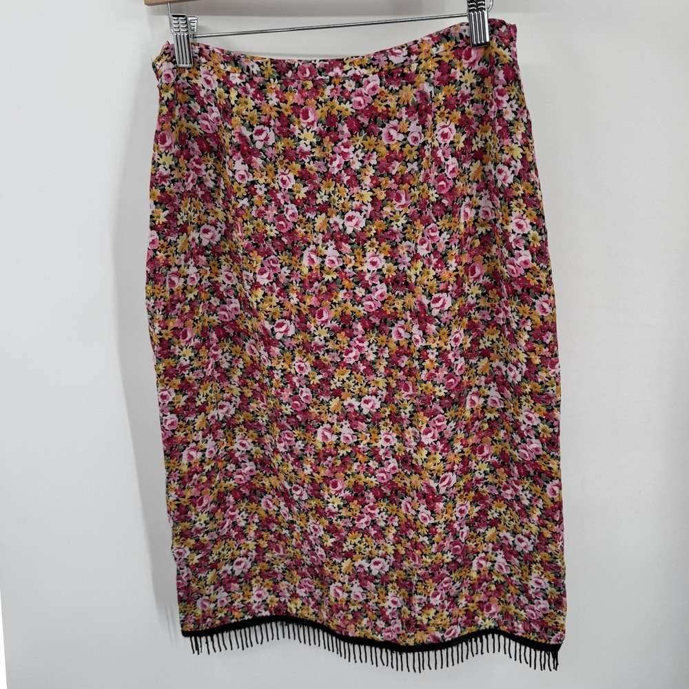 Vintage Harold's Midi Skirt 8 Pink Floral Beaded Fringe Cottagecore Boho 90s‎